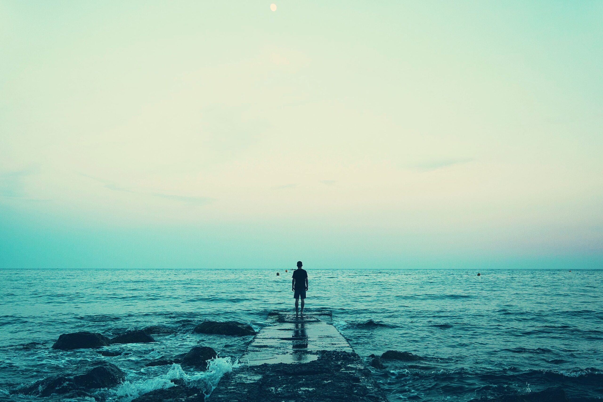lone person looking out onto a vast sea