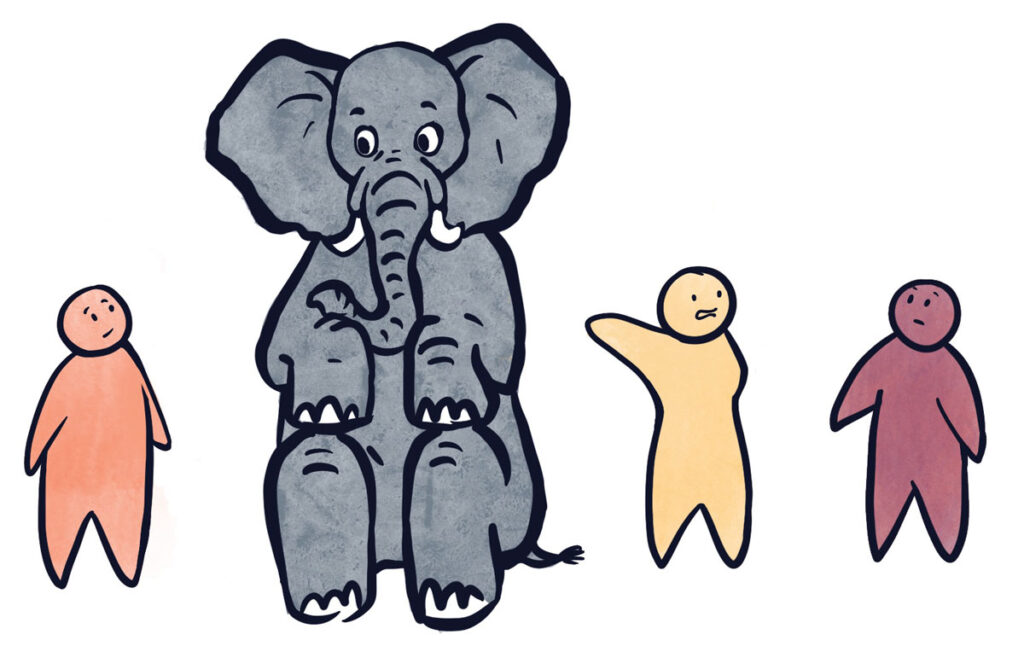 Illustration of an elephant sitting with some people looking uncomfortable