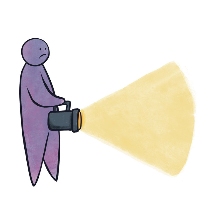 Illustrated image of a frowning man shining a spotlight on the text